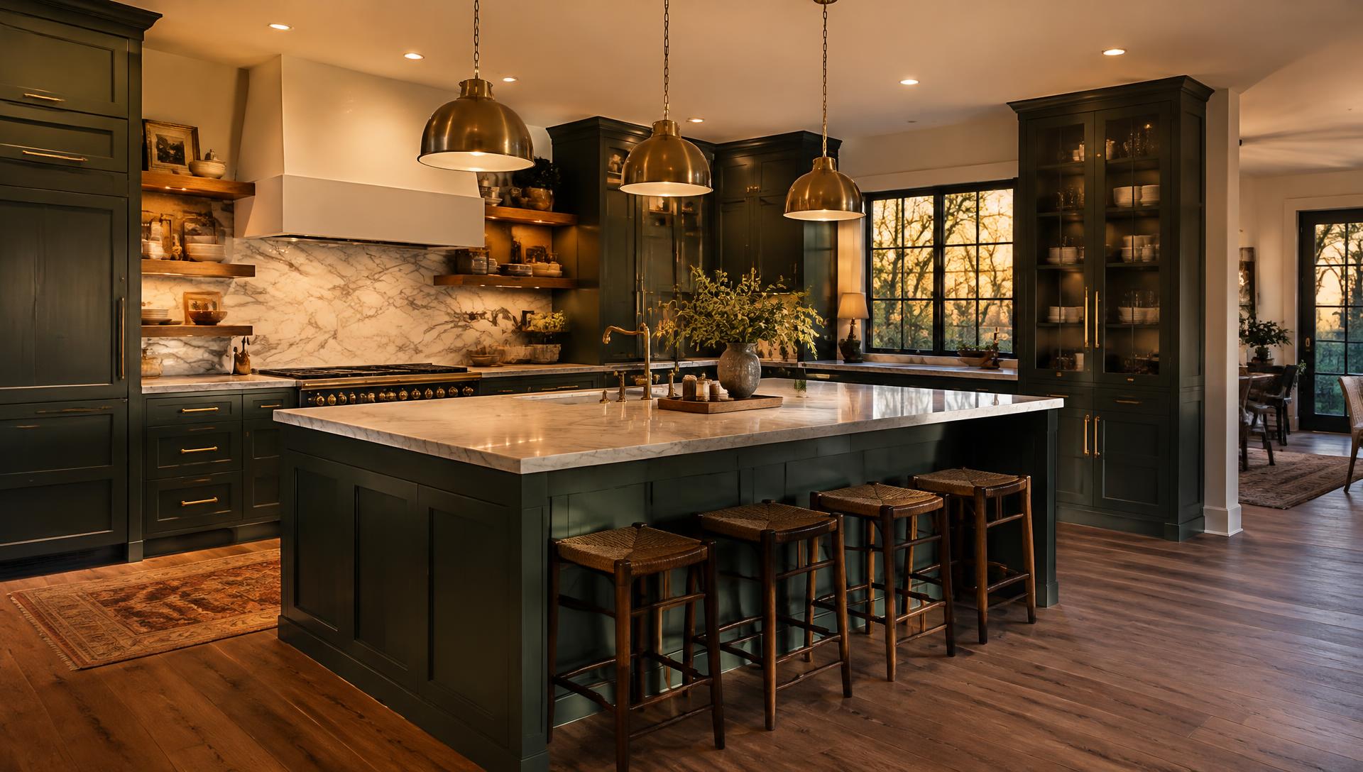 Custom green kitchen with brass pendants